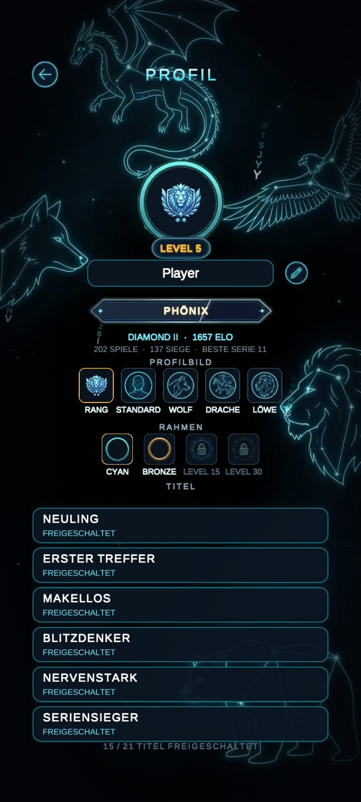 Profil mit Level, Avatar und Titeln